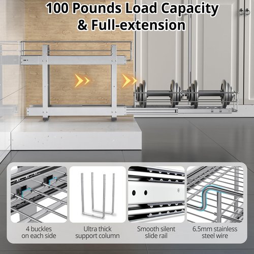 ZOINLIY Pull Out Cabinet Organizer, Versatile Slide Out Kitchen Organizers and Storage,Heavy Duty Drawer Cupboard Storage Basket, Smooth Sliding, Chrome Finish (2-Tiers-11¼''W×22“D)