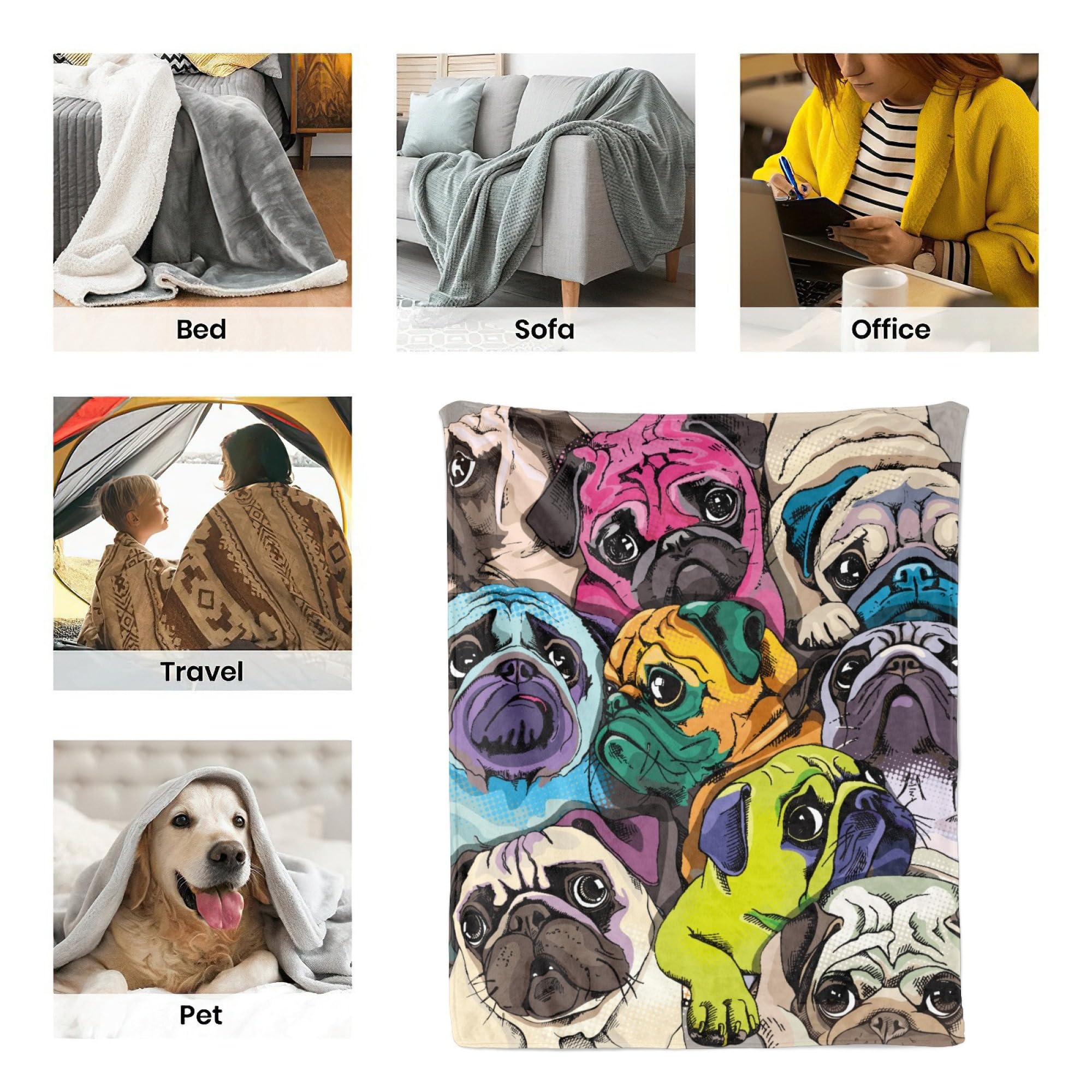 Pug Blanket Gifts for Women, Cute Pug Print Theme Decor Home Bedroom Living Room Couch Sofa Adults Soft Cozy Plush Flannel Throws 50"x40"