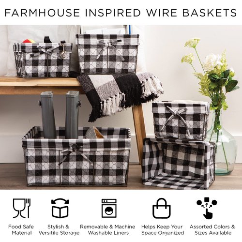 DII Farmhouse Chicken Wire Storage Baskets with Liner, Small, Vintage Black & White Check, 9x7x6", 3 Piece