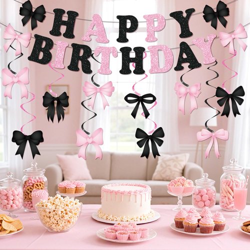 Pink and Black Bow Birthday Banner Decorations Glitter Black Pink Happy Birthday Banner Galand and 10Pcs Bow Hanging Swirls Coquette Party Decorations for Girls Women Bday Baby Shower Party Supplies