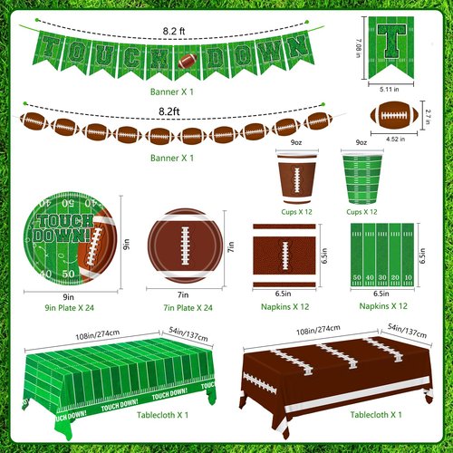 Football Party Decorations Football Party Supplies Dinner Plates Napkins Cups Banner Touchdown Tablecloth for Football Birthday Game Day Tailgate Decorations Serve 24
