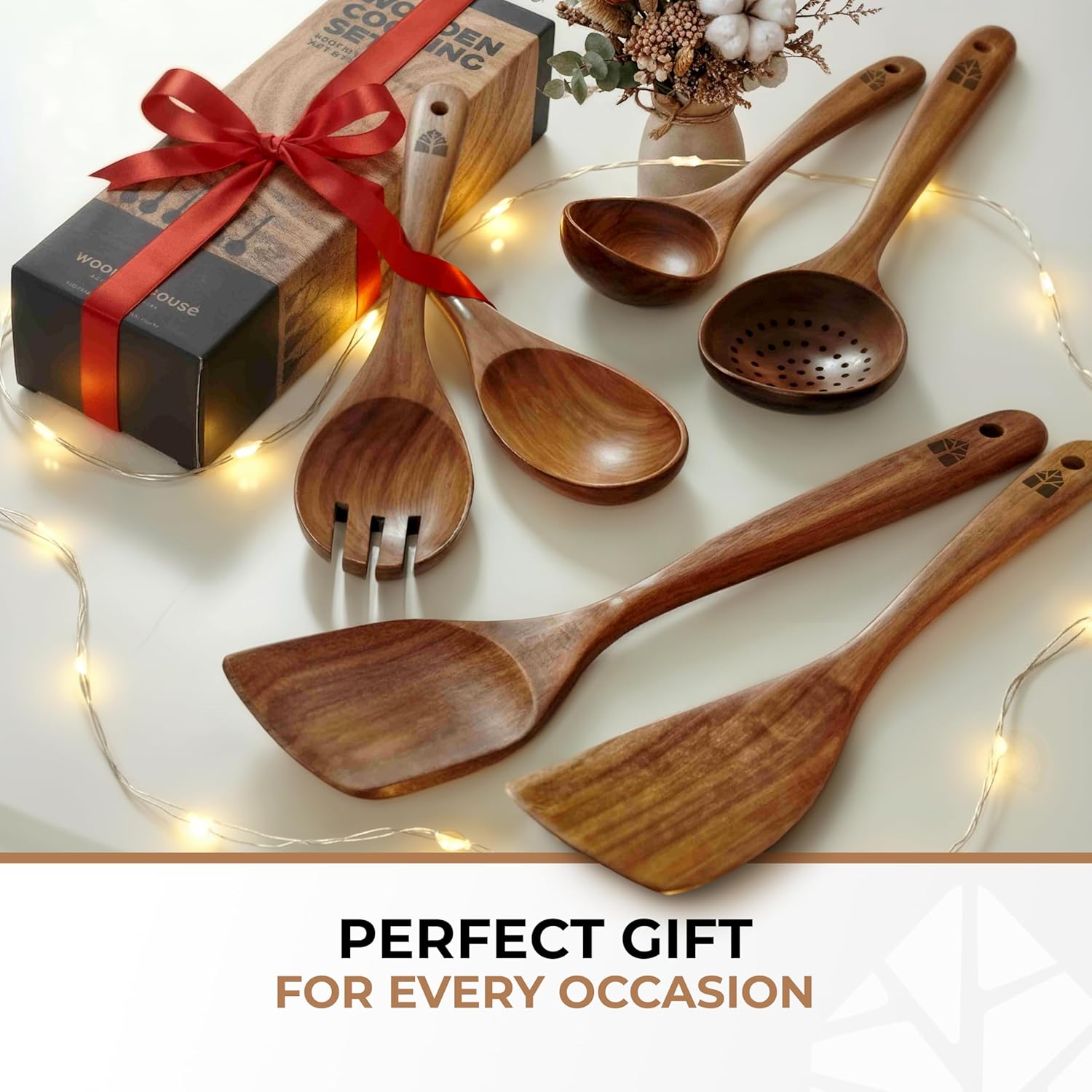 Skiennix Wooden Spoons for Cooking - 6-Piece Premium Teak Utensil Set | Durable, Nonstick, Easy to Clean