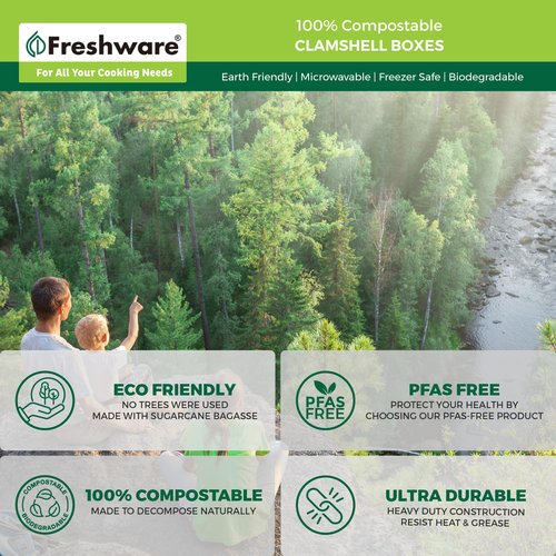 Freshware Compostable Clamshell Food Containers [8x8" 200-Pack] Disposable To Go Containers, Biodegradable Sugarcane To Go Boxes - Heavy Duty Paper Containers - Microwave & Freezer Safe, Stackable