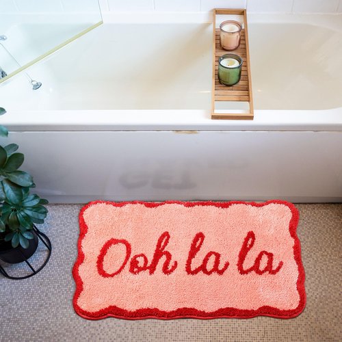 Drydiet Valentines Pink Bathroom Rugs 20 x 31 Inch Ooh La La Funny Bath Mat Non Slip Cute Washable Doormat for Valentines Winter Holiday Bathroom Shower Outdoor Indoor Front Porch Decor