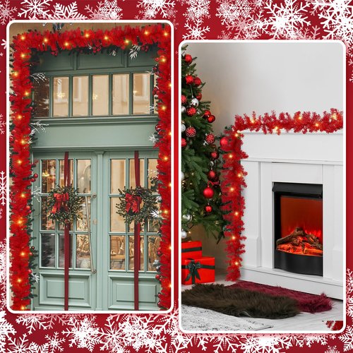 Jutom 13.2 ft Valentine's Garlands with 16.4 ft LED Lights Artificial Garland Romantic Pine Valentine Garland Decoration for Stairs Fireplace Mantel Front Door Porch Holiday Party(Red)