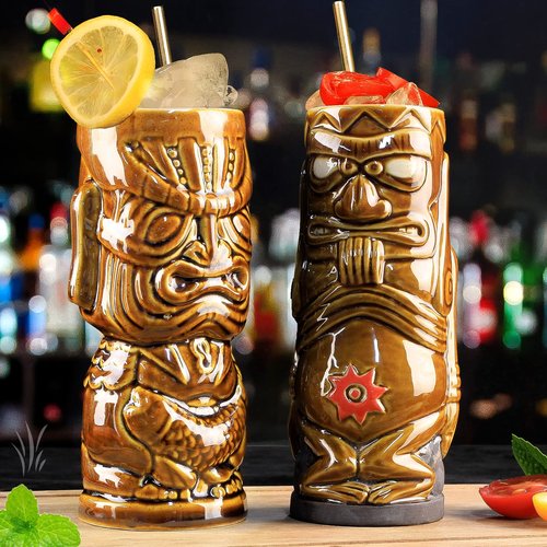 SuproBarware Tiki Mugs Set of 8 – Ceramic Hawaiian Party Drinkware, Tiki Bar Mugs for Cocktails, Premium Tropical Cups Drinks for Exotic Party