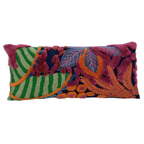 Creative Co-Op Embroidered Fabric Indoor/Outdoor Lumbar Pillow with Botanicals and Tufting, Multicolor