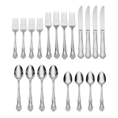 Oneida Silverware Set, Azalea 20 Piece Everyday Flatware Set, Service For 4, 18/0 Stainless Steel, Floral Design, Dishwasher Safe, Mirror Finish, Knives Spoons And Forks Sets (Silver, 20 Piece)