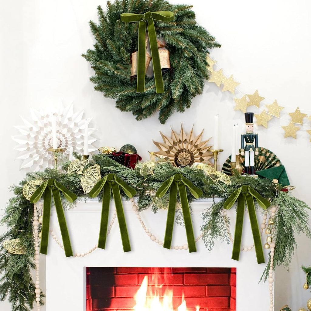 Velvet Bows by Moss Green - 24 Pcs Christmas Tree Ornaments | Coquette Wedding Decor (5 x 7 Inch)