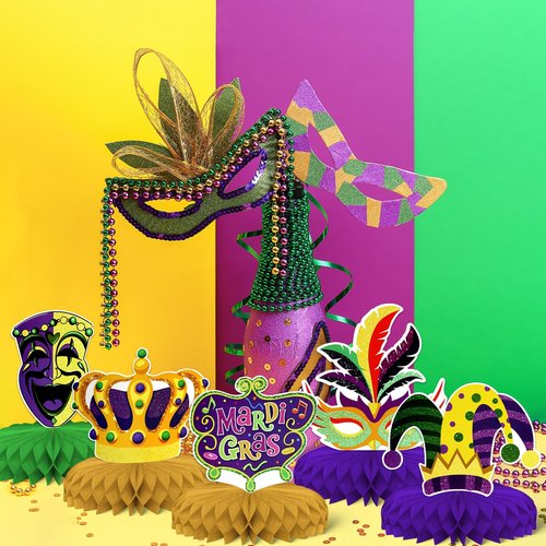Mardi Gras Theme Party Decorations,8 PCS KSKSPE Mardi Gras Centerpieces for Tables Honeycomb Centerpieces 3D Mardi Gras Theme Party Decor Supplies Boys Girls