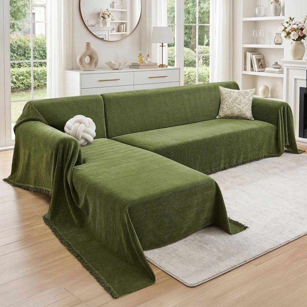CAPALOCA Sectional Couch Covers 2 Pieces, L Shaped Couch Cover with Herringbone Pattern Chenille Sectional Cover Washable Sofa Slipcovers (X-Large: 71" x 110" + 71" x 118", Green)