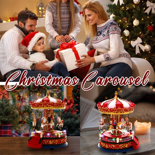 Christmas Carousel Figurines Decoration Christmas Village House Musical Carousel with 6 Moving Horses Go Round, 8 Pieces of Music Snow Globe, Music Box for Girl and Boy Kids (Carouel)