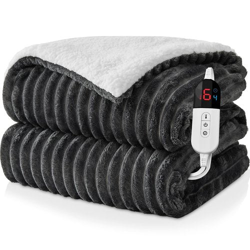 Easthome Electric Heated Blanket Queen Size Dual Control - 84"x90" Fast Heating Bed Blankets with 6 Heating Levels & 10 Hours Auto Off, Soft Ribbed Flannel, Over-Heat Protection ETL, Dark Gray
