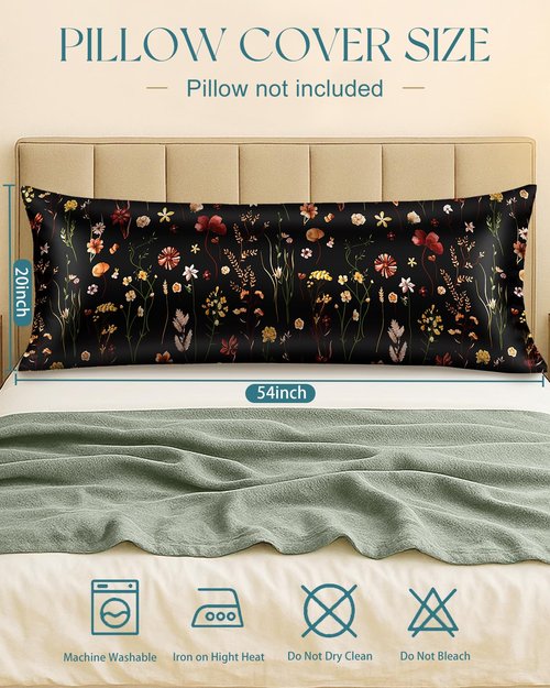 Miss Adola Silk Body Pillow Cover with Zipper - 20x54 Inch Silk Long Pillow Case for Women Ladies Adults Soft Bed Decorative Cute Boho Large Body Pillowcase Sham for Hair and Skin, Black Grow Flower