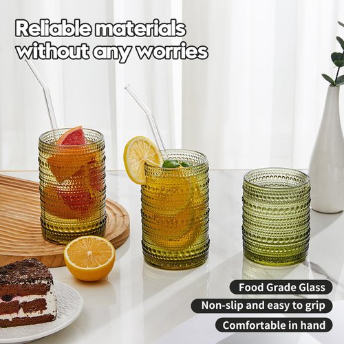 HomeVogue Vintage Hobnail Drinking Glasses Set of 12, 15 oz Highball Glasses & 12 oz Cocktail Glasses Set, Green Kitchen Water Glasses Cup, Bar Tumbler Glassware Set for Beer, Juice, Whiskey, Milk