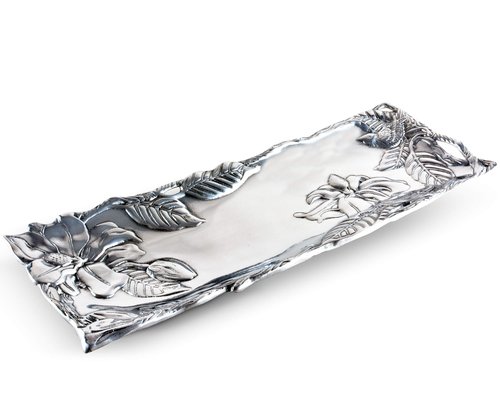 Arthur Court Designs Aluminum Magnolia Flower Metal Oblong Tray/Platter, 19 x 6 inches - Handcrafted Magnolia Blossoms and Twisting Branches, Freezer & Oven Safe, Engravable, Ideal for Wedding