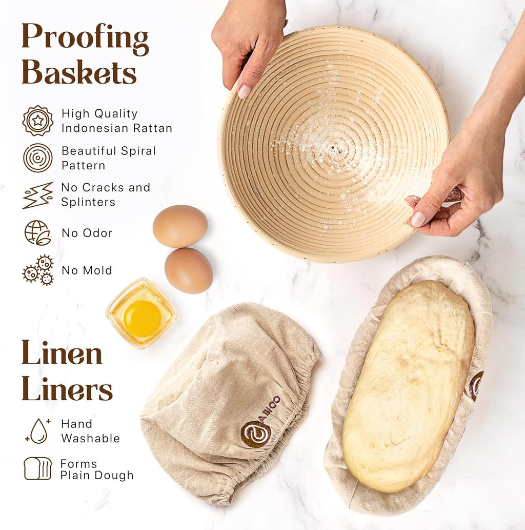 Skiennix Sourdough Starter Kit - Beginner-Friendly Baking Supplies with 10” Round & 11” Oval Banneton Baskets