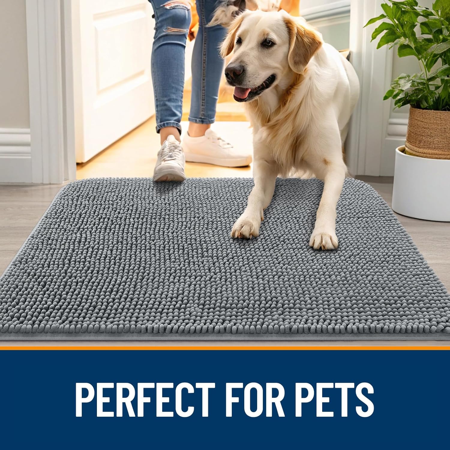 OLANLY Dog Door Mat - Absorbent Non-Slip Chenille Mat for Muddy Paws | 48x30 Grey Quick Dry Doormat