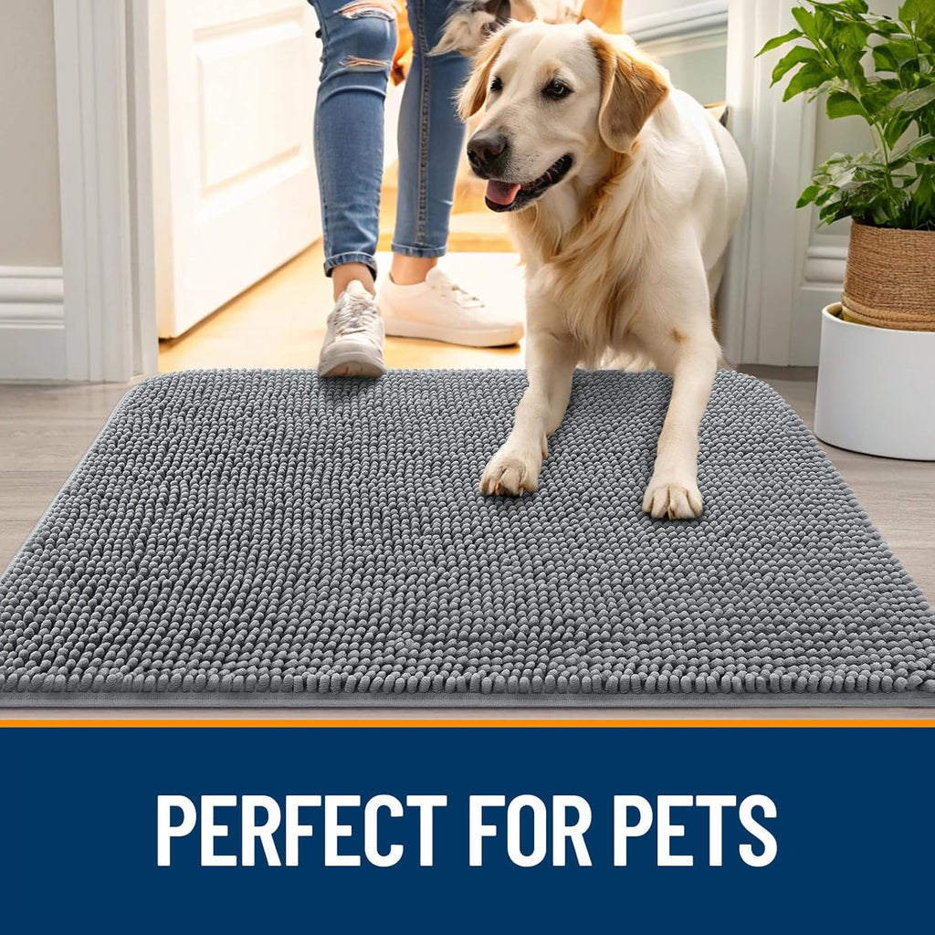 OLANLY Dog Door Mat - Absorbent Non-Slip Mud Mat for Dogs | Quick Dry Chenille, 35x24, Grey
