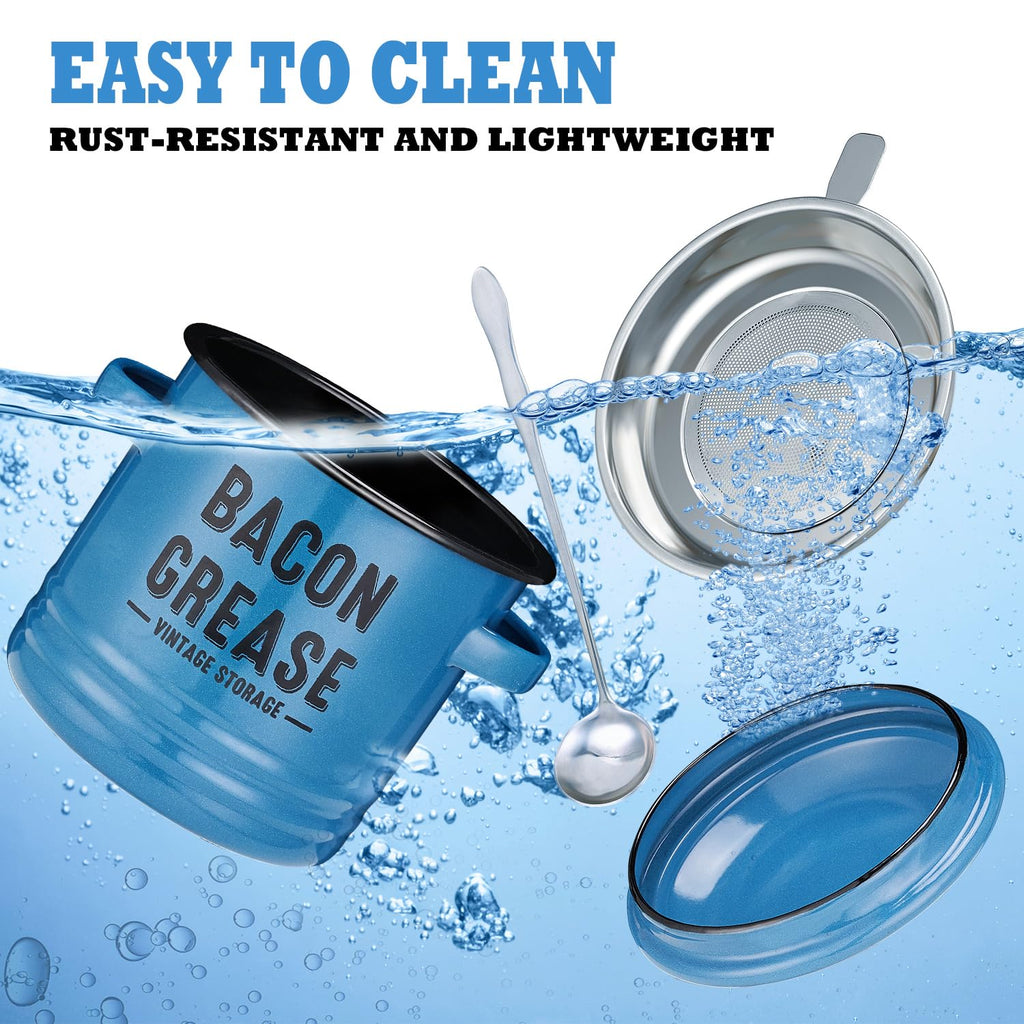ONEARF Bacon Grease Container with Strainer - Large 46OZ Kitchen Oil Storage Can, Food Saver Bin with Lid | Farmhouse Cooking Pot Keeper Collector, Dishwasher Safe - Blue