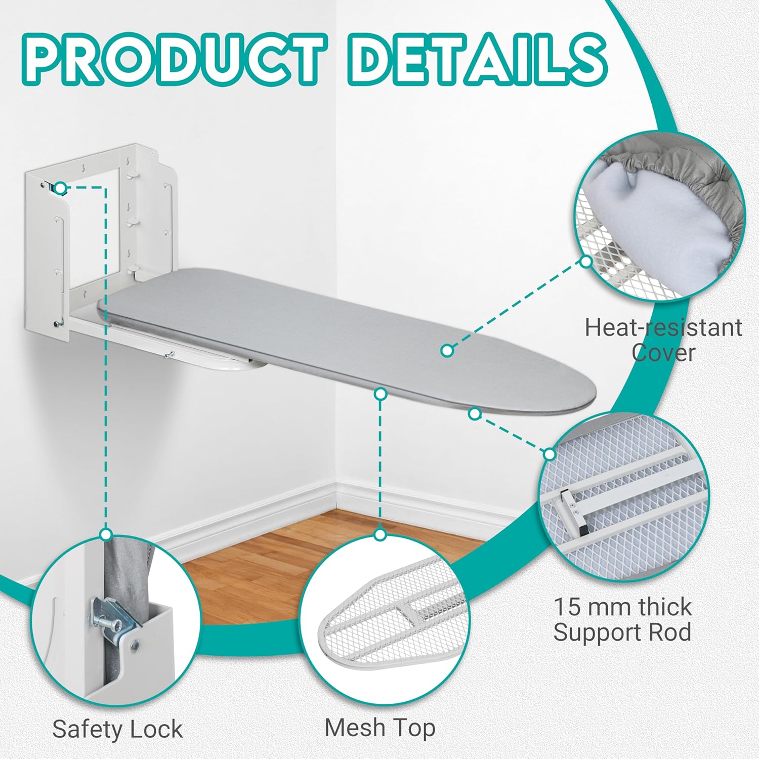 Zoes Homeware Wall Mounted Ironing Board - 180° Rotation, Space-Saving Design, 36" x 12", Silver