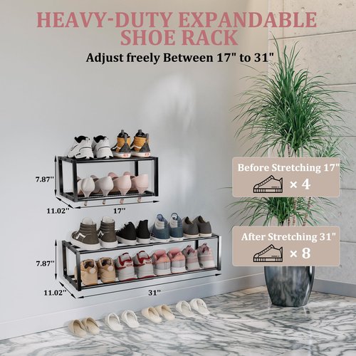 Jchccu 4 Pack Expandable Wall Mounted Shoe Rack, 17"-31" Adjustable Hanging Shoe Rack Holds 32 Pairs, Heavy Duty Metal Shoe Holder with 8 Storage Hooks, Space Saving for Entryway Closet Doorway（Black