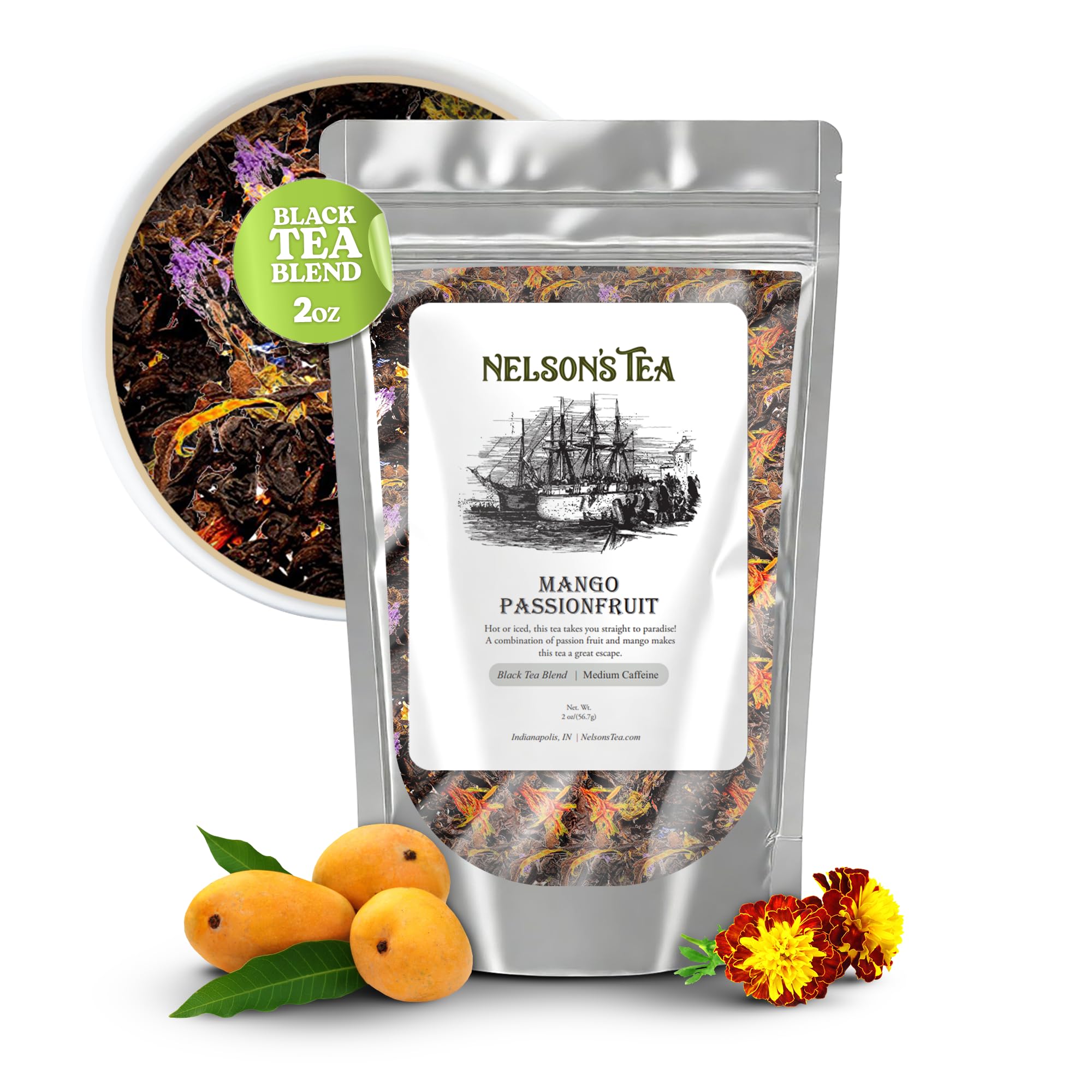 Nelson's Tea Mango Passionfruit Black Loose Leaf Tea — Tropical Fruit Flavored Black Tea Blend (2 oz)