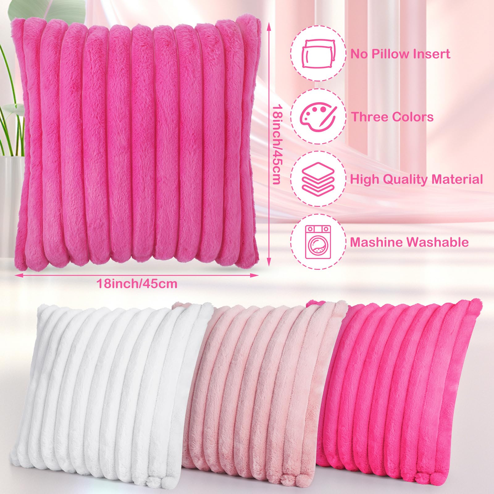 Peryiter Set of 6 Hot Pink Throw Pillow Cover White Pink Pillowcase Decorative Seat Cushion Case 18" x 18" Soft Velvet Fluffy Striped Pillowcase for Spa Sleepover Party Supply Coquette Outdoors Picnic
