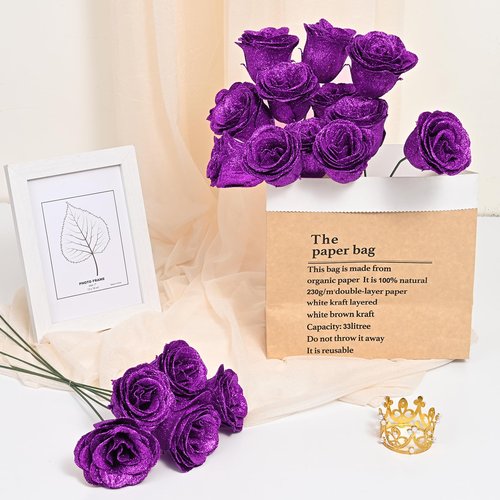 Waipfaru Purple Glitter Roses Bouquet, DIY Flowers Bouquet, Birthday Gifts for Women Mom Grandma Wife Girlfriend, 24 Pcs Fake Rose for Valentines, Mothers Day, Anniversary, Graduation Gifts