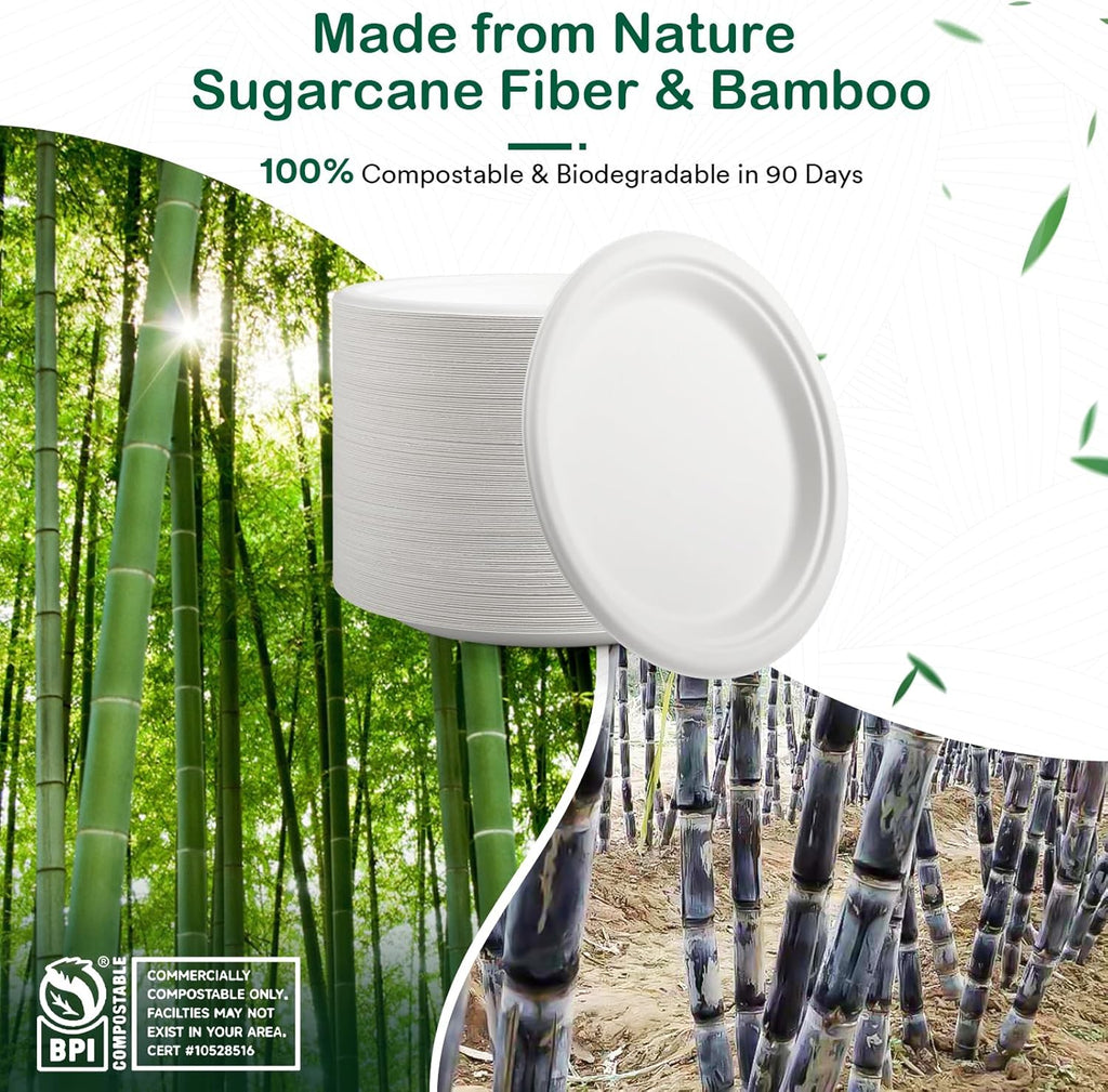 Skiennix Compostable Paper Plates - Heavy-Duty 6-Inch Dessert Plates | Eco-Friendly & Biodegradable, Perfect for Kids' Meals & Parties