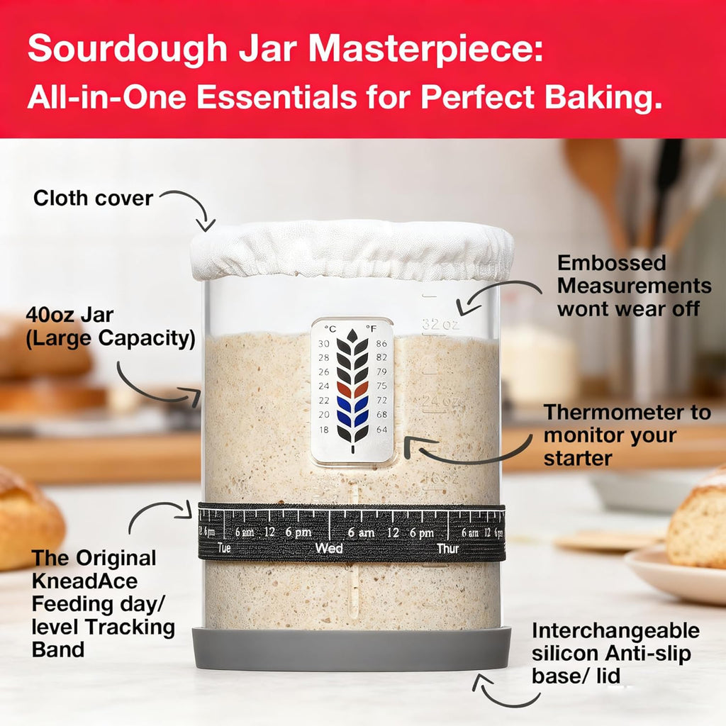 Skiennix Premium Pro Sourdough Starter Jar Kit - 40oz Wide Mouth Glass Container with Thermometer & Silicone Lid