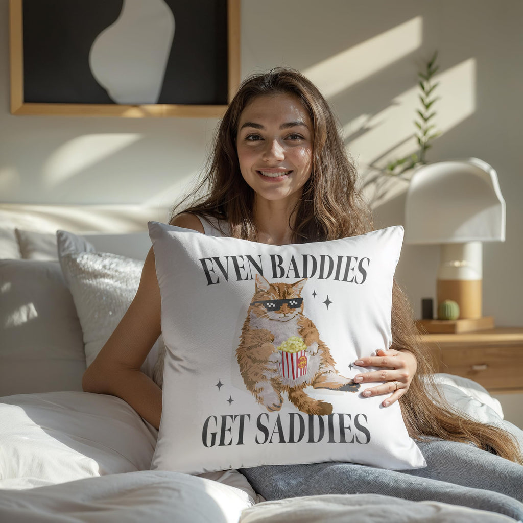 OFJE Mental Health Gifts Throw Pillow Covers case 18x18 for Therapy Therapist Office Decor，self Care Gifts，Anxiety Relief，Psychology Gifts，Depression self Help,Even Baddies Get Saddies Funny Cat Meme