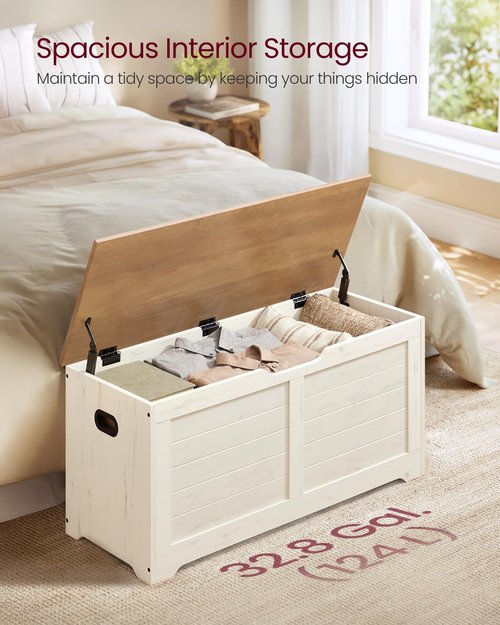VASAGLE Storage Chest, Storage Bench with 2 Safety Hinges, Farmhouse Style, 15.7 x 39.4 x 18.1 Inches, for Entryway, Bedroom, Living Room, Honey Brown and Rustic White ULSB061WJ02S