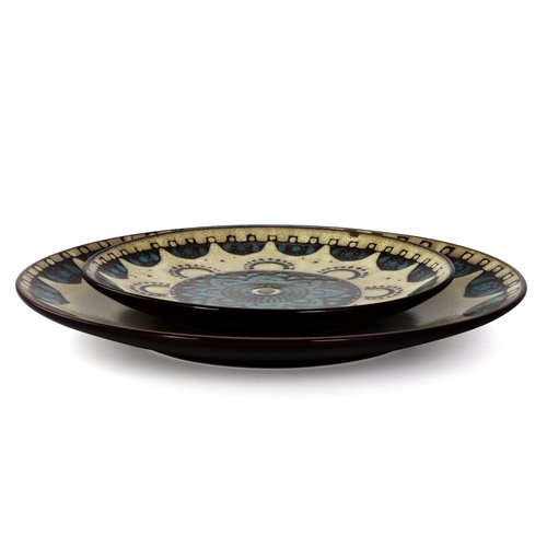 Elama Stoneware Dinnerware Collection, 16 Piece, Tan, Blue, Brown
