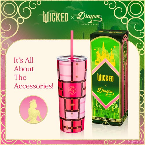 Dragon Glassware x WICKED Vacuum Insulated Tumbler with Lid and Straw - 24 oz Tumbler Cup with 2 Straws - Stainless Steel Tumbler with Straw for Water, Iced Tea - Wicked Glinda Tumbler