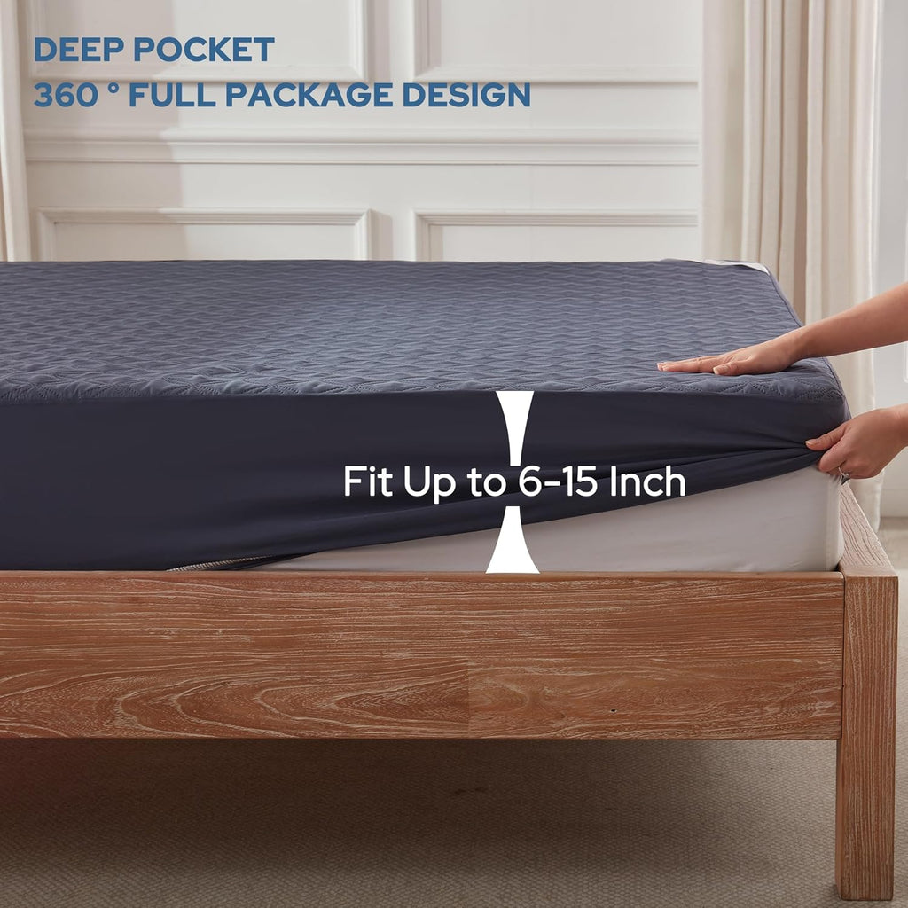 Skiennix Waterproof Mattress Protector - Noiseless Twin Size Fitted Pad with Deep Pocket | Breathable Navy Blue Cover