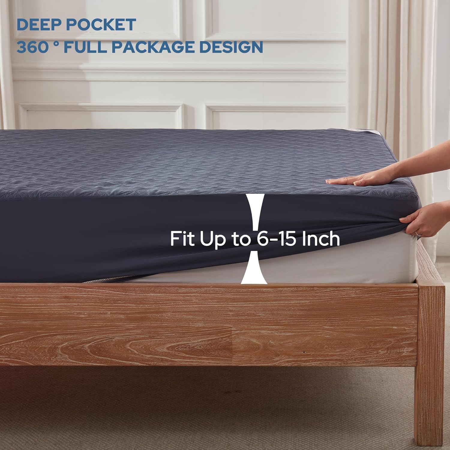 Skiennix Waterproof Mattress Protector - Noiseless Twin Size Fitted Pad with Deep Pocket | Breathable Navy Blue Cover