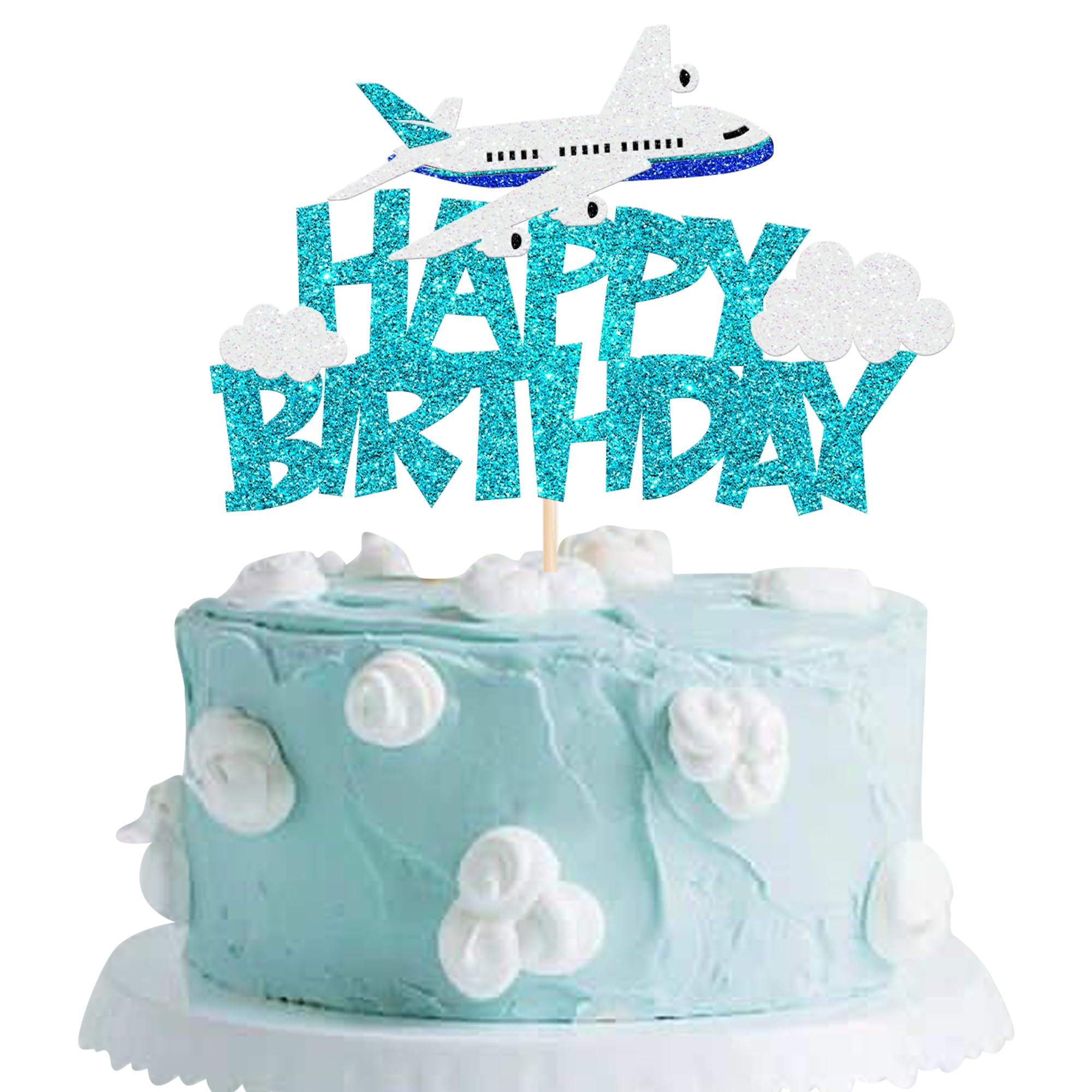 1 Pack Airplane Birthday Cake Topper Blue Airplane Happy Birthday Cake Pick Decoration for Plane Travel Airman Theme birthday baby shower Boys Girls Kids Cake Decorations Supplies