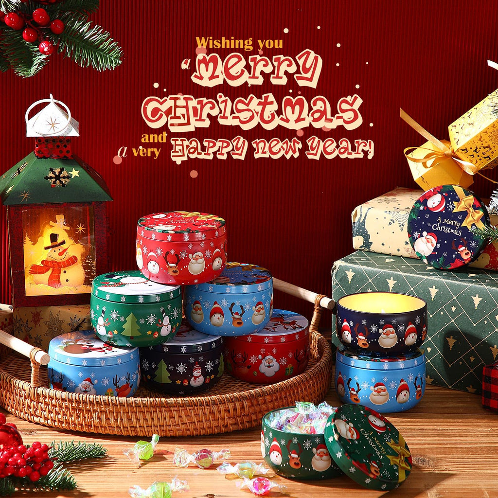 Mumufy 24 Pcs Christmas Cookie Tins 8 Styles Candy Tinplate Retro Tins Storage Containers Metal Cookie Jars Round Nesting Containers for DIY, Dry Storage, Spices, Tea, Candy