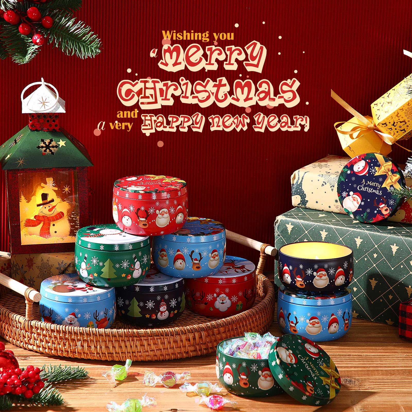 Mumufy 24 Pcs Christmas Cookie Tins 8 Styles Candy Tinplate Retro Tins Storage Containers Metal Cookie Jars Round Nesting Containers for DIY, Dry Storage, Spices, Tea, Candy