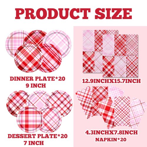 OGMOGKW Valentines Plates and Napkins,60pcs Valentine Paper Plates and Napkins Red Pink Gingham Plates and Napkins Disposable Valentines Day Plates Sets for Valentines Day,Wedding, Anniversary Party