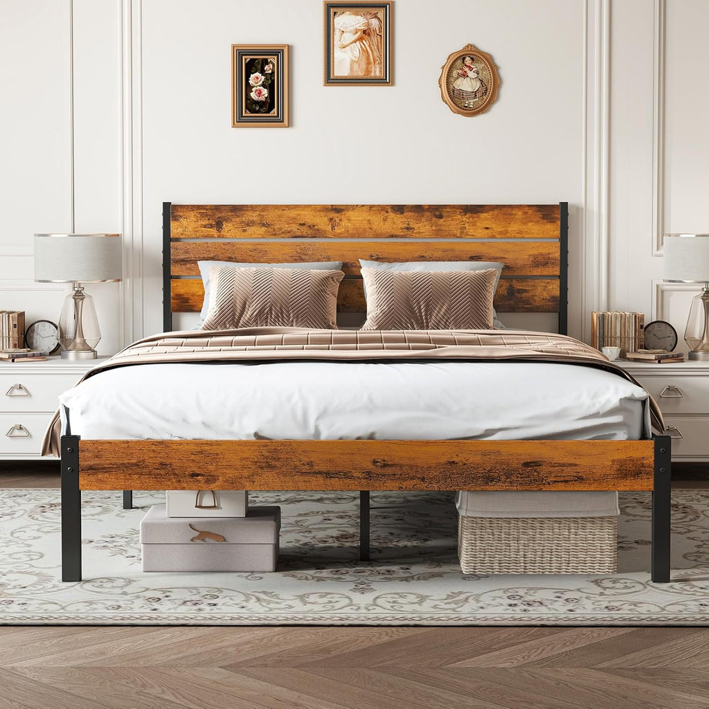 Sweetcrispy Queen Size Bed Frame - Sturdy Metal Support, Under Bed Storage, Easy Assembly | Rust Brown