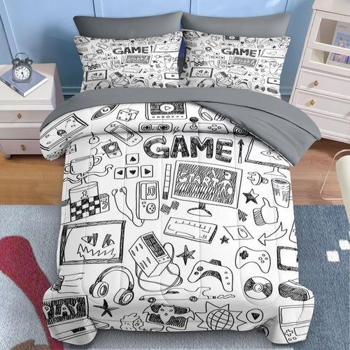 Nesker Comforter Set Twin Size, Computer Games Doodles 5 Pcs Bedding for Kids Teens, Gamer Gaming Black Bedding Set with Pillowcase & Sham