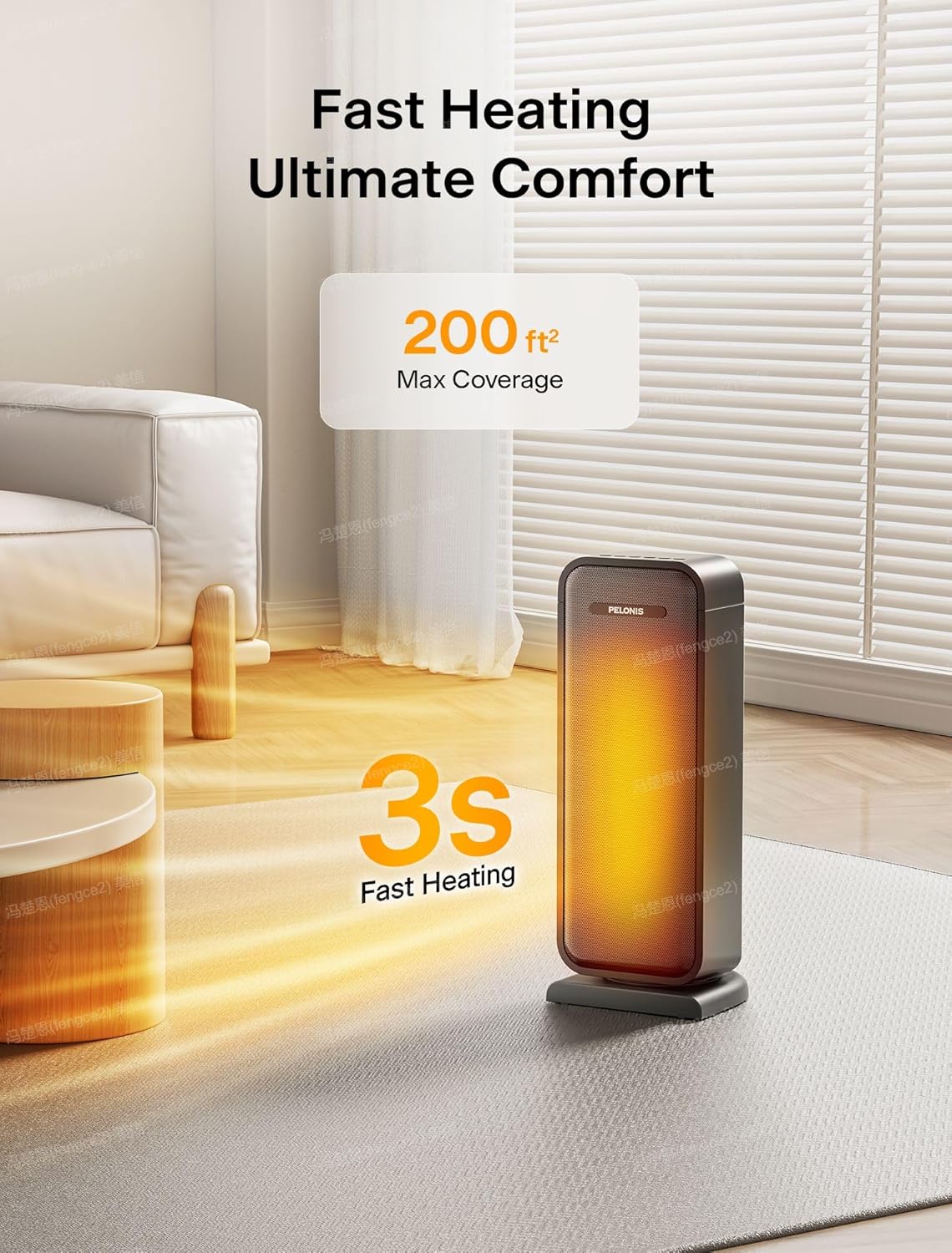 Pelonis 1500W Electric Space Heater - Portable Ceramic Heater with Thermostat & Oscillation | Ideal for Bedroom & Office