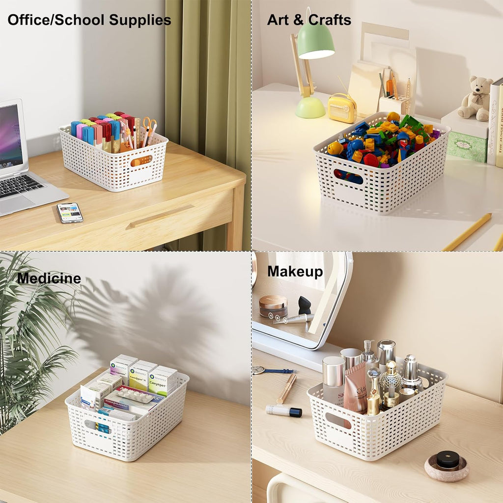 White Plastic Storage Baskets - 12 Pack Stackable Bins with Lids for Organizing | Cute Decorative Storage