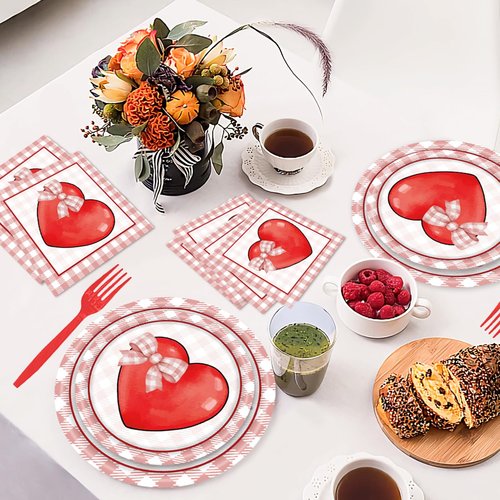 96 PCS Valentine’s Day Plates and Napkins Sets Valentine Party Dinnerware Red Heart Paper-Plates Valentines Decorations for Party,Serve 24 Guests