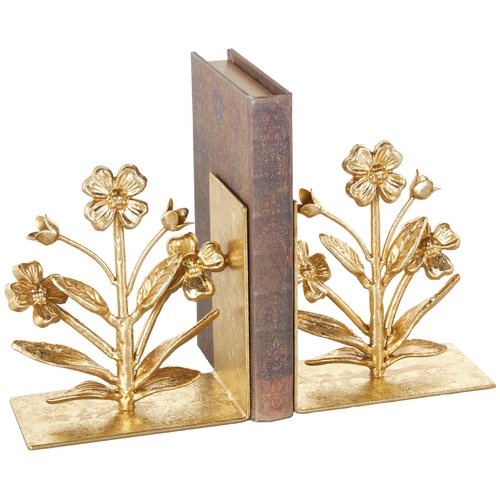 Deco 79 Metal Floral Decorative Bookends Non Skid Bookends with Shimmer Details, Set of 2 Office Bookends6 W, 7" H, Gold