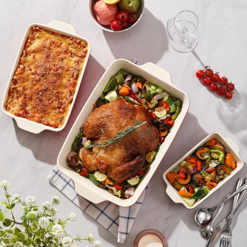 DOWAN Casserole Dishes - Set of 3 Rectangular Ceramic Baking Dishes | 135 oz Capacity, Red (15.6''/12.2''/8.9'')