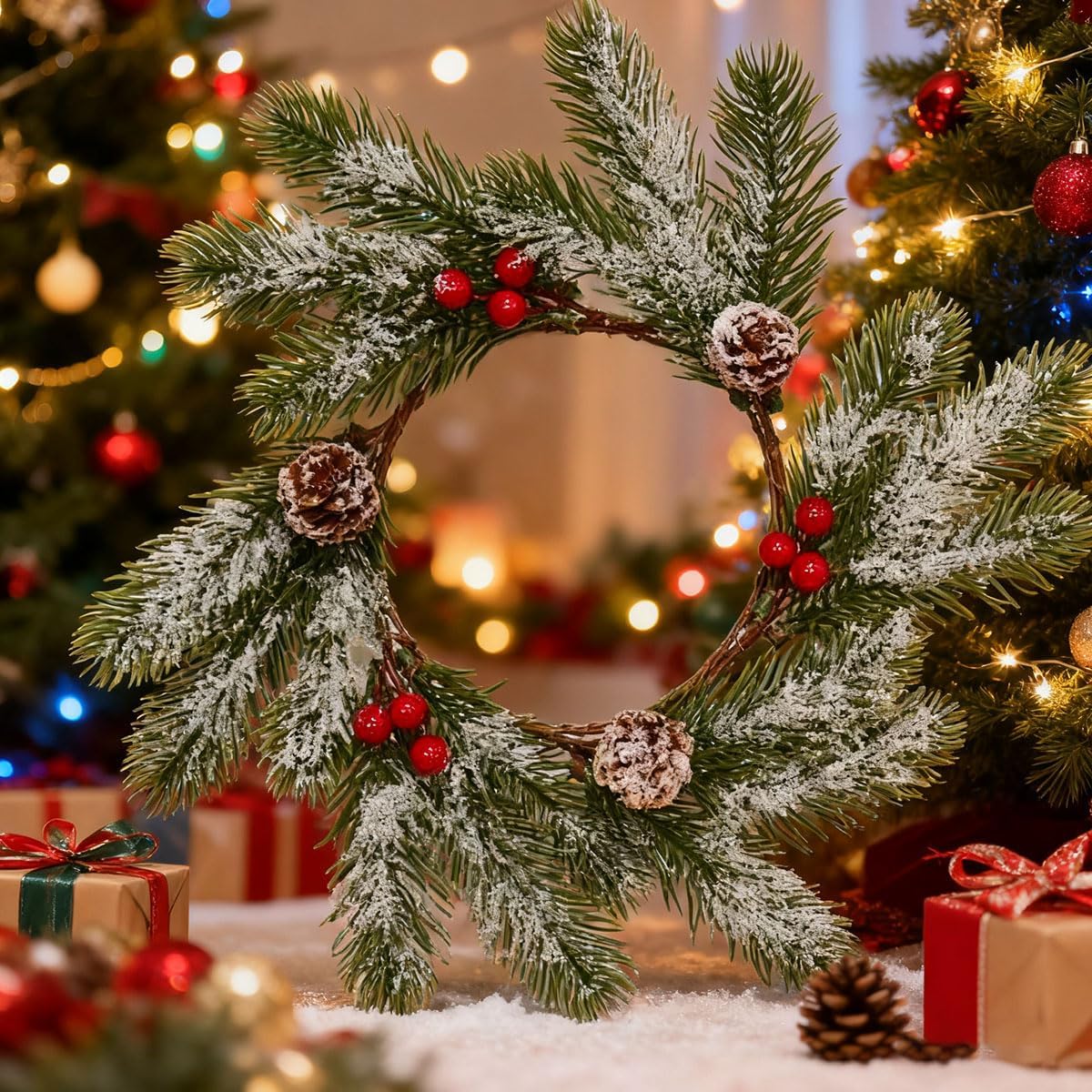 Skiennix Christmas Candle Rings - Frosted Pine Garland with Red Berries | 11 Inch Mini Wreaths for Table Centerpieces
