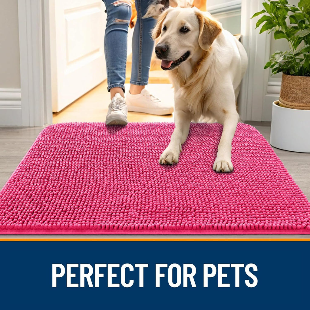 OLANLY Dog Door Mat - Absorbent Non-Slip Mud Mat for Dogs | Quick Dry Chenille, 30x17, Hot Pink
